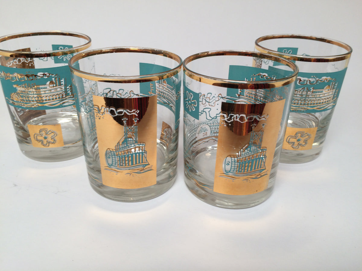 Set of 6 MCM store Southern Comfort 1968 Commemorative 22kt gold Rock glasses