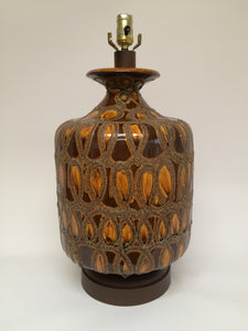 Mid Century Brown & Gold Ceramic Lamp on Wood tone Base