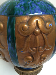 Large Vintage Blue Teal and Gold Ceramic Lamp