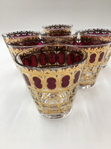 Set of 7 Culver Cranberry Scroll Tapered Rocks Glasses