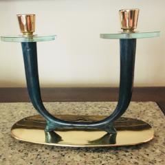 Pal-Bell Brass, Glass & Verdigris Bronze Candlestick by Maurice Ascalon