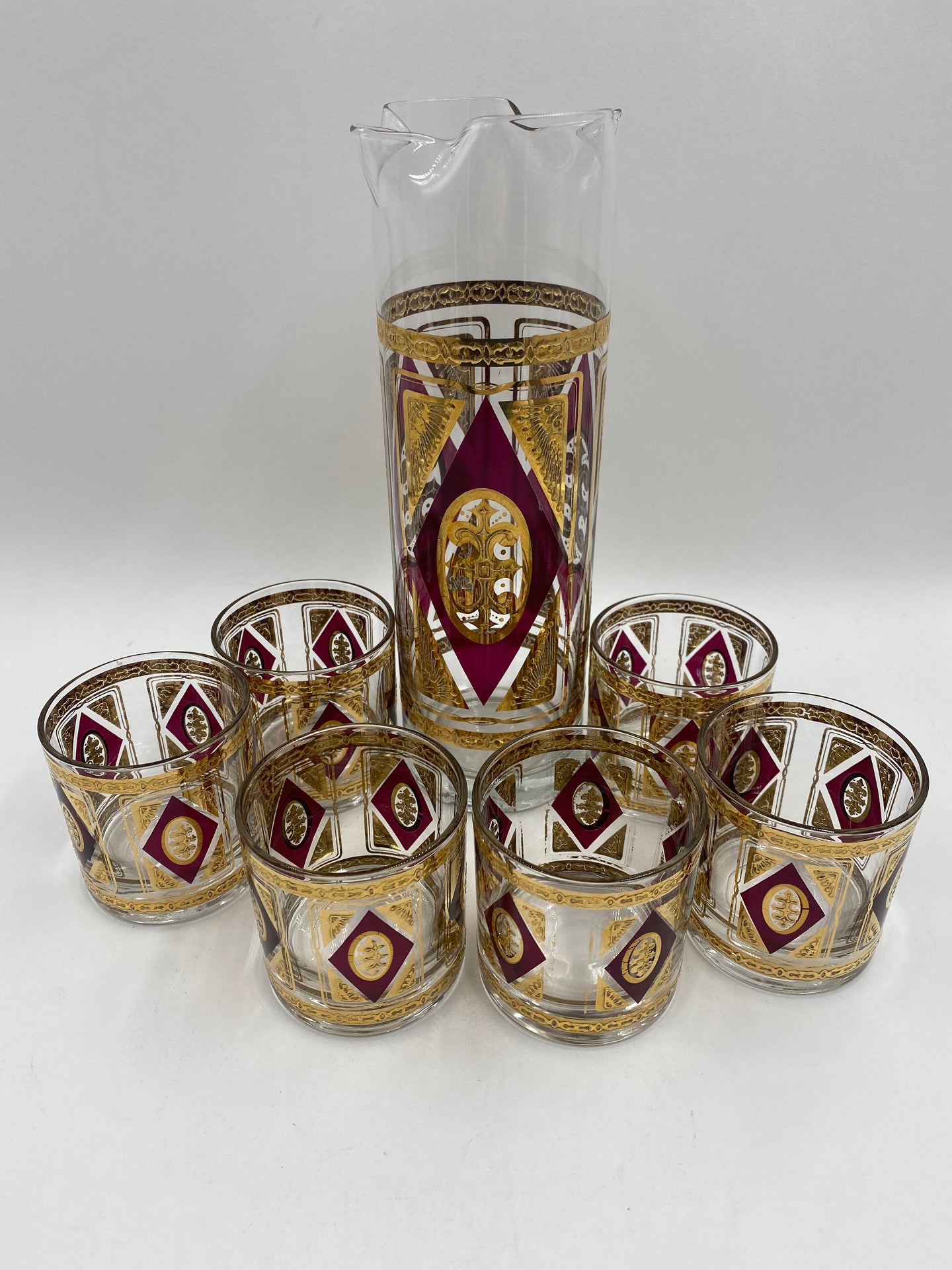 Mid Century Modern Culver Royal Diamond Cocktail Set with Pitcher and Six (6) Glasses
