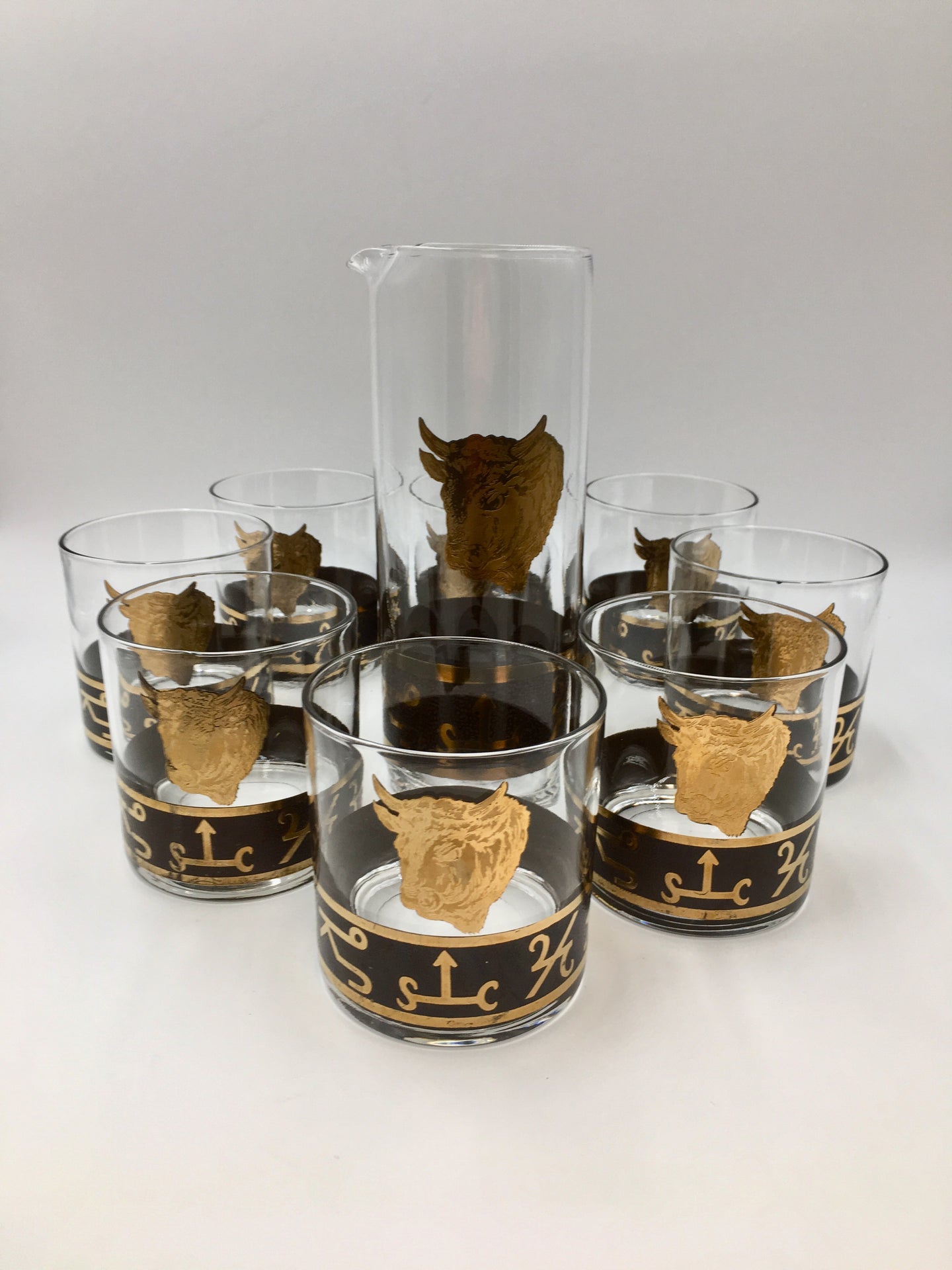 Vintage Cocktail Set of Western Ranch Barware with Gold Bulls