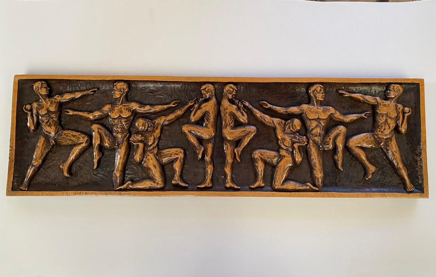 Mid Century Carved Wood Wall Art Plaque of Nude Grecian Olympic Athletes by Miki Mitrovic/63