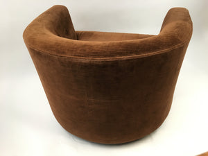 Mid Century Chocolate Brown Velvet Barrel Chair on Rollers
