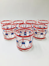 Red White and Blue Drum Rocks Glasses by Federal Glass Co with Original Box/Set of 8