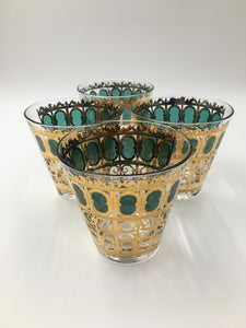 Set of 4 Culver Emerald Scroll Tapered Rocks Glasses