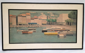 Mid Century Gouache Painting of The Yellow Boat by French Artist Pierre  Palué