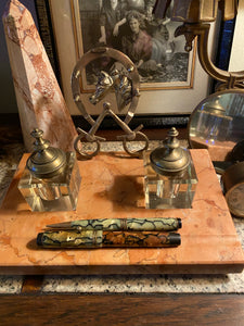Early 20th Century Marble Desk Set with Bronze Horseshoe and Glass Inkwells