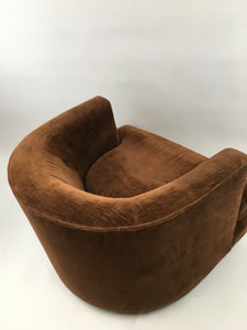 Mid Century Chocolate Brown Velvet Barrel Chair on Rollers