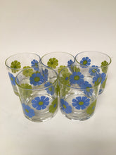 Vintage Mod 1970s Blue and Green Flower Power Old Fashioned Rocks Cocktail Glasses