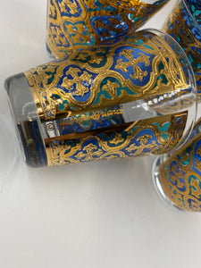 Georges Briard FIRENZA Blue & 22k Gold Italian Renaissance Cross Tapered Rocks Glasses - Set of 4