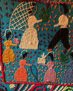Large Stitched Framed Story Cloth Folk Art