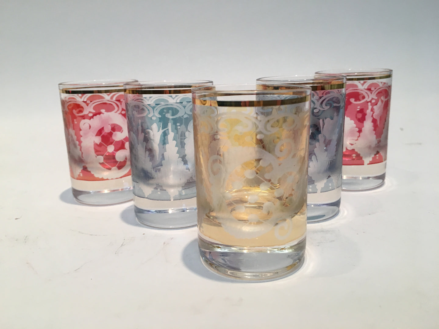 Vintage Colored Etched Glass Shot Glasses