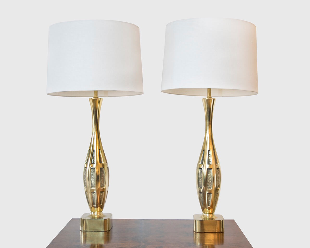 Pair of Tony Paul for Westwood Brass Brutalist Lamps