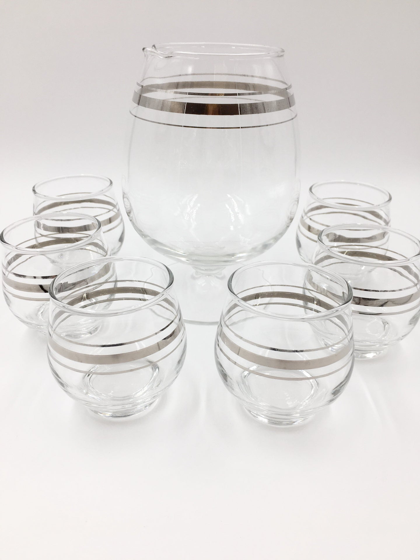 Mid-Century Silver Band Cocktail Pitcher Set with 6 Glasses