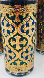 Georges Briard Firenza Blue & 22k Gold Italian Renaissance Cross Highball Glasses - Set of 5
