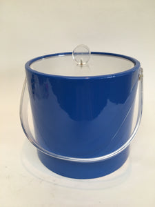 Mid Century Bright Blue Patent Vinyl Ice Bucket with Lucite Lid
