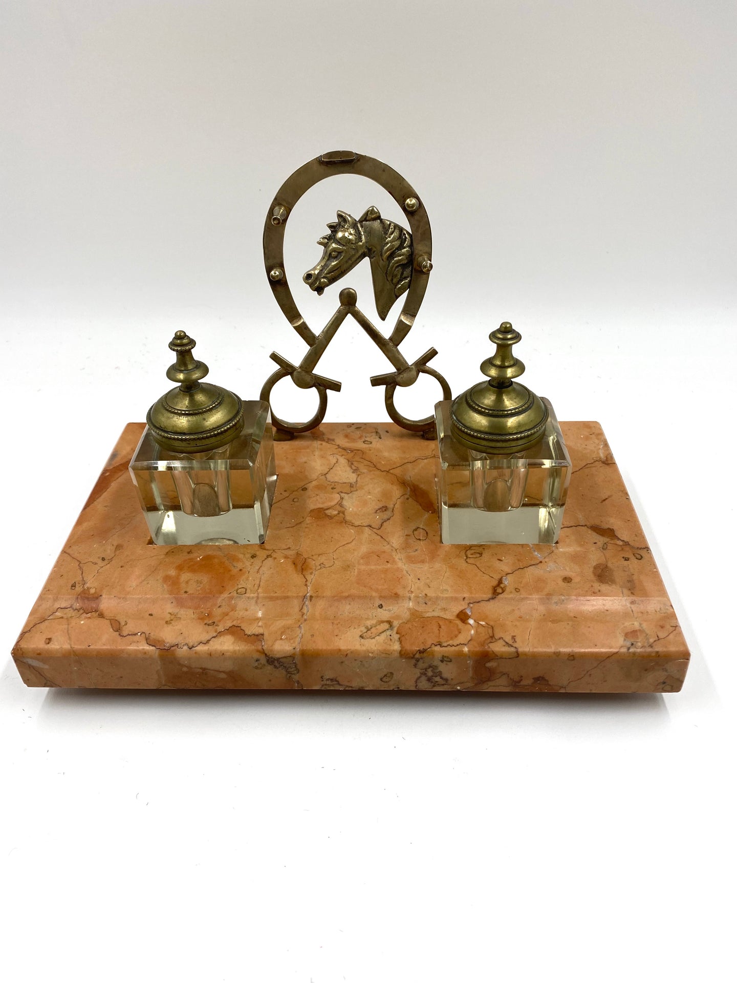 Early 20th Century Marble Desk Set with Bronze Horseshoe and Glass Inkwells