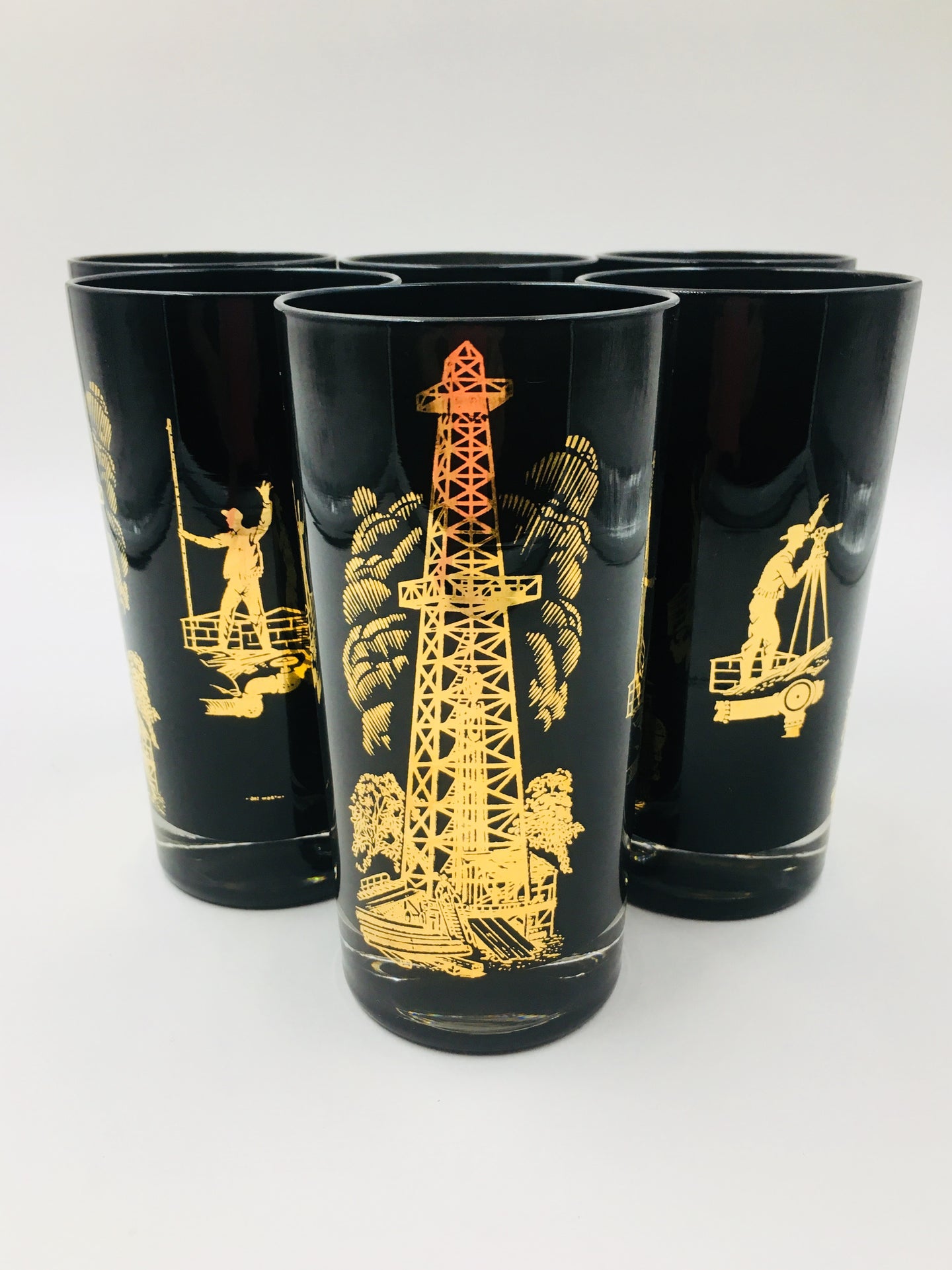 Vintage Black and 22k Gold Highball Glasses with Oil Derricks and Surveyors