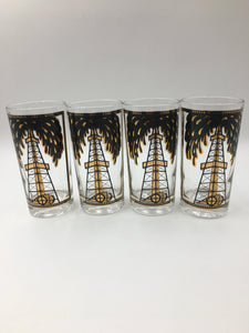 Vintage Set of 4 Highball Glasses with a Depiction of a Well Blowout