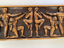 Mid Century Carved Wood Wall Art Plaque of Nude Grecian Olympic Athletes by Miki Mitrovic/63