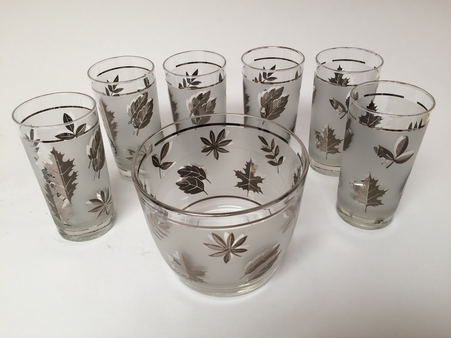 Set of 6 Vintage Libbey Starlyte Frosted Tumblers and Matching Ice Bucket with Silver Leaf Pattern with matching Ice Bucket