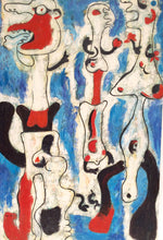 Blue and Red Surrealist Painting Unsigned in the Style of Joan Miro