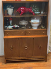 American of Martinsville Walnut Hutch With Brass Pulls Attributed to Merton Gershun