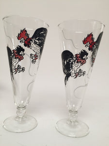 Pair of Vintage Pilsner Beer Glasses with Fighting Game Cocks