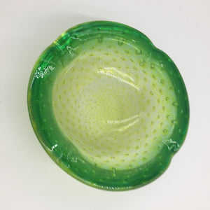 Vintage Italian Green Murano Bullicante Art Glass Ashtray