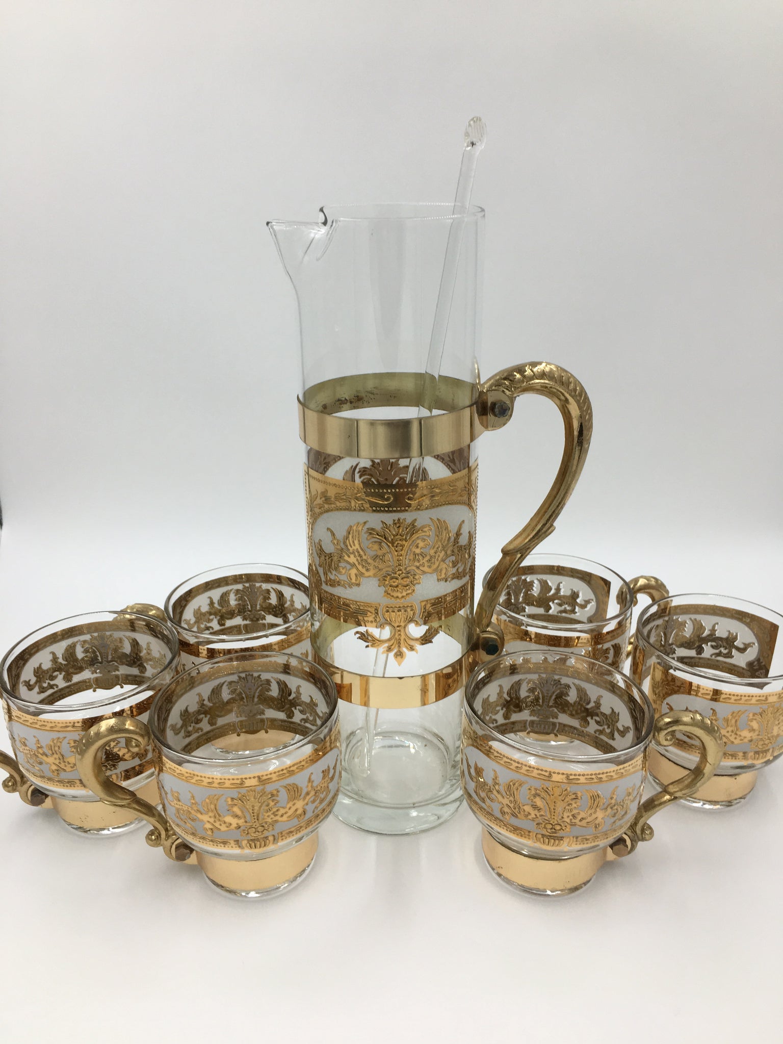Seven Piece Vintage Gold Band Martini Set, Cocktail Shaker and 6