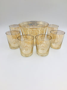 Art Deco Gold Bands Glass Bar Glasses and Ice Tub/Bucket by MacBeth-Evans Corning