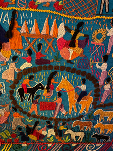 Large Stitched Framed Story Cloth Folk Art