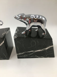 Bull and Bear Chrome Plated Brass on Marble Base Bookends - A Pair